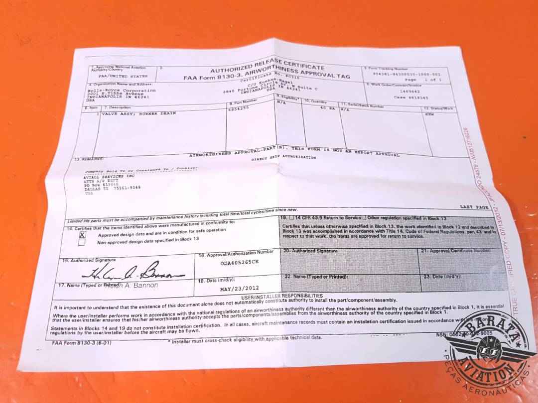 VALVE - BURNER DRAIN ASSEMBLY NEW SURPLUS P/N: 6854255 CADA UNIDADE